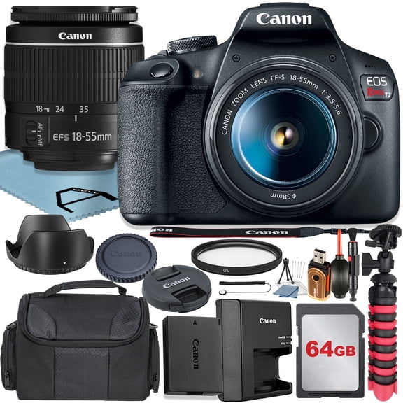 Canon EOS Rebel T7 DSLR Camera 24.1MP with 18-55mm Lens + SanDisk 64GB Memory Card + Case + Tripod + UV Filter + A-Cell Accessory Bundle (International Version)