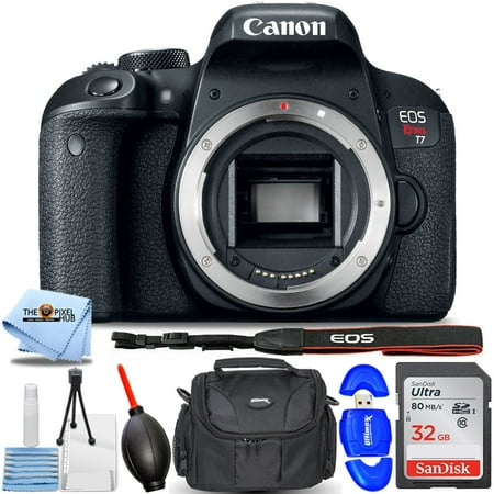 Canon EOS Rebel T7 DSLR Camera (Body Only) - Essential Bundle Includes: Sandisk Ultra 32GB SD, Memory Card Reader, Gadget Bag, Blower. Microfiber Cloth and Cleaning Kit