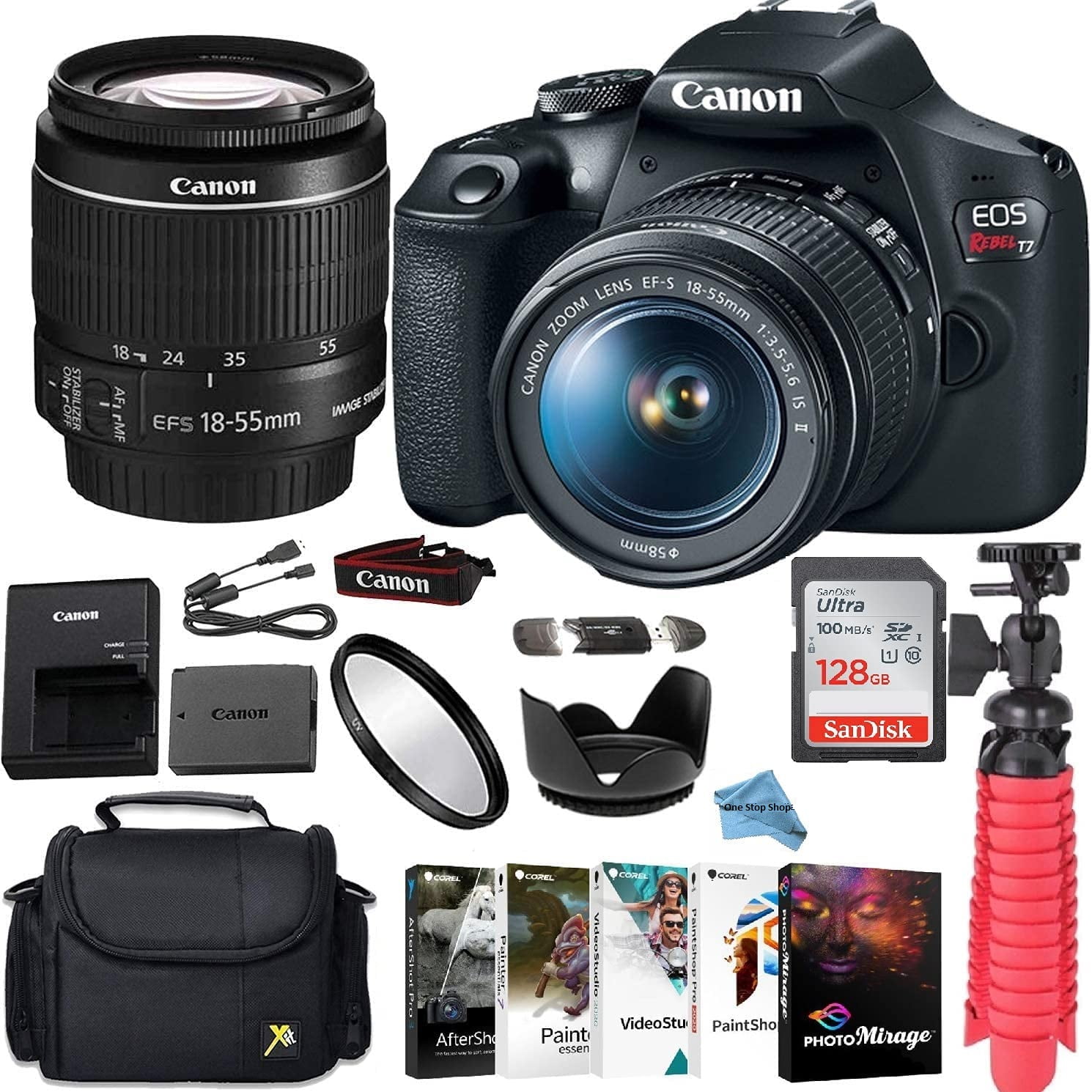 Canon EOS Rebel T7 DSLR Camera Bundle with Canon EF-S 18-55mm f/3.5-5.6 is  II Lens + Gadget Case + Sandisk 128gb Ultra Memory Card + Photo Software