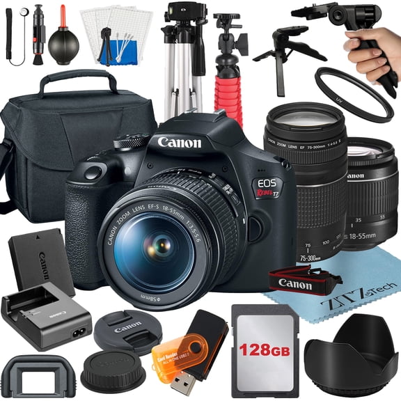 Canon EOS Rebel T7 DSLR Camera Bundle with 18-55mm + 75-300mm Lens + 128GB SanDisk Card + Case + Tripod + ZeeTech Accessory (International Version)