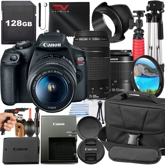 Canon EOS Rebel T7 DSLR Camera Bundle with 18-55mm + 75-300mm Zoom Lens + 128GB Card + Case + Tripod + SV Premium Accessory (International Version)