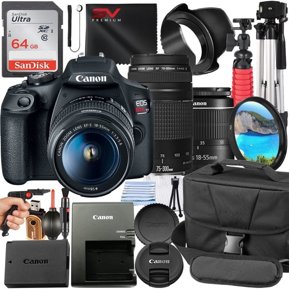 Canon EOS Rebel T7 DSLR Camera Bundle with 18-55mm + 75-300mm Zoom Lens + 64GB Card + Case + Tripod + SV Premium Accessory (International Version)