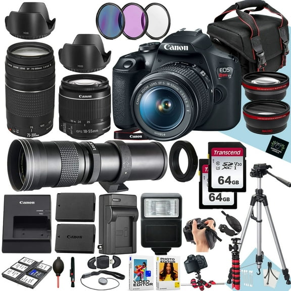 Canon EOS Rebel T7 DSLR Camera With Canon EF-S 18-55mm f/3.5-5.6 IS II Lens, EF 75-300mm f/4-5.6 III And 420-800mm f/8.3 HD Lens + 128 GB Memory + Filters + More (36pc Bundle)