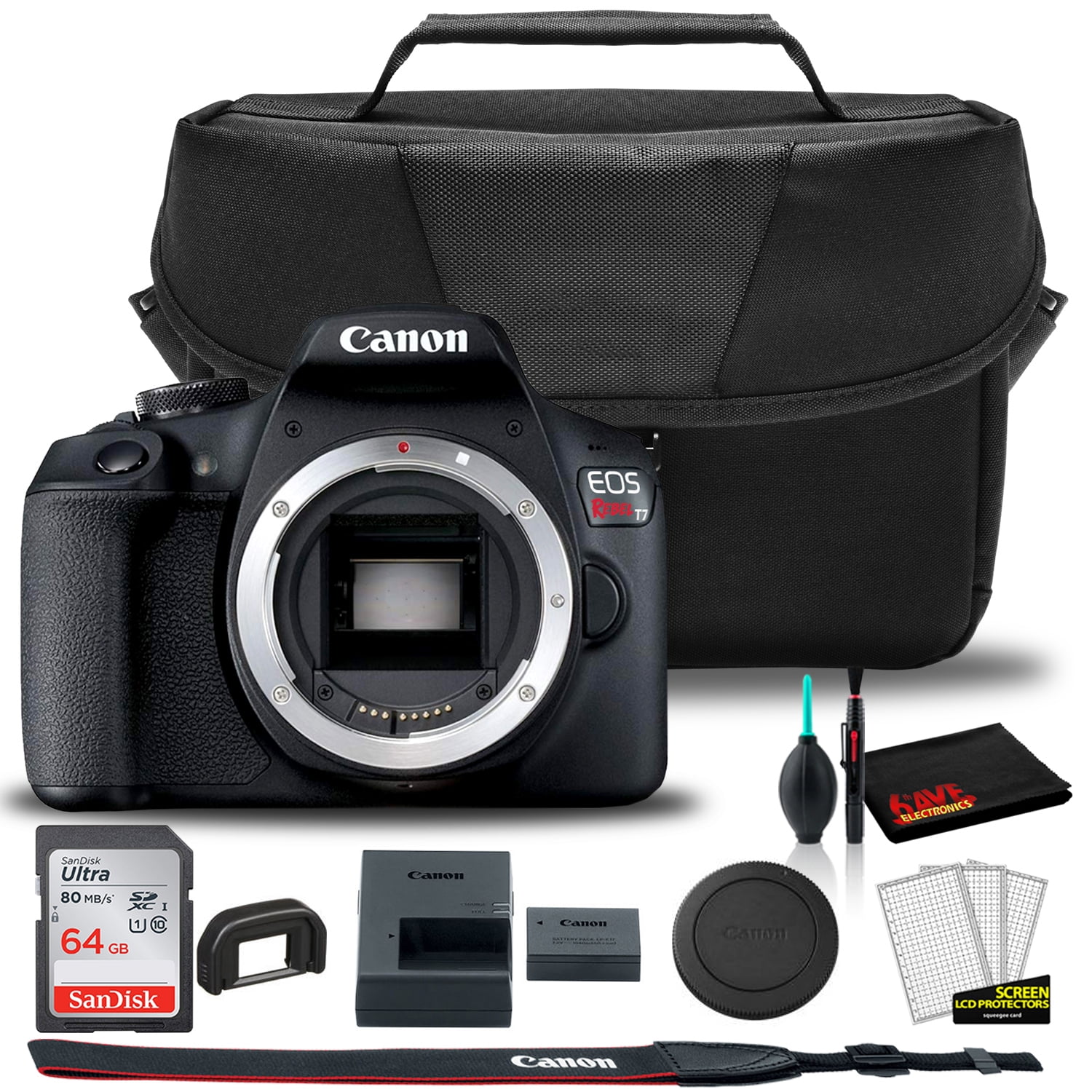 Canon EOS Rebel T7 DSLR Camera Canon EOS Bag Sandisk Ultra 64GB Card Cleaning Set And More Kit Box No Lens