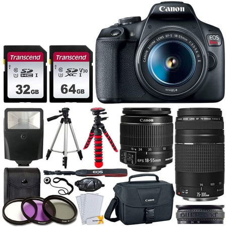 Canon EOS Rebel T7 DSLR Camera + EF-S 18-55mm f/3.5-5.6 is II + EF 75-300mm f/4-5.6 III Lens + Canon EOS Shoulder Bag + 32GB Memory Card + 64GB Memory Card + 2x Tripod + Slave Flash – Top Value Bundle
