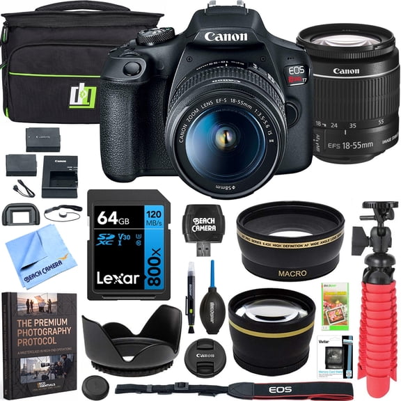 Canon EOS Rebel T7 DSLR Camera with EF-S 18-55mm f/3.5-5.6 IS II Lens Plus Double Battery, Memory Card, Deco Gear Deluxe Case, Cleaning Kit and Mini Tripod Accessory Bundle