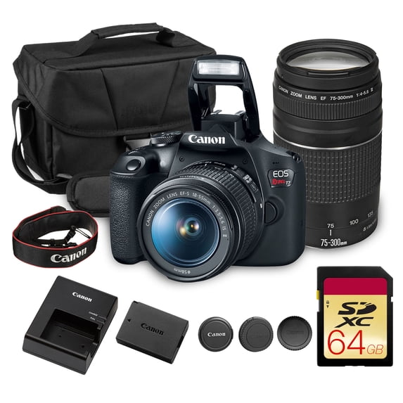 Canon EOS Rebel T7 DSLR Camera Kit | 24.1MP, APS-C, Full HD 1080p | Bundle with 64GB Memory Card, Shoulder Bag EF-S 18-55mm 75-300mm Lens
