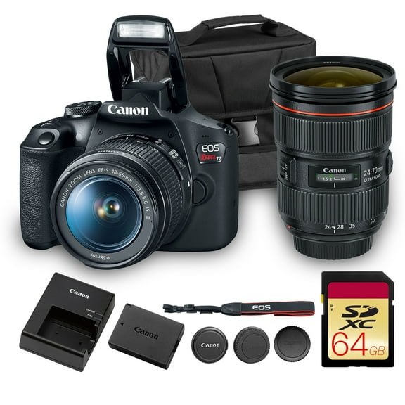 Canon EOS Rebel T7 DSLR Camera Kit | 24.1MP APS-C Sensor with EF-S 18-55mm Lens | Full HD 1080p Video Compact Beginner-Friendly Photography (2727C002) + Canon EF 24-70mm f/2.8L Lens + Bag + 64GB Card