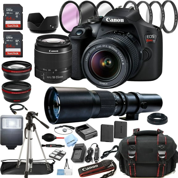 Canon EOS Rebel T7 DSLR Camera w/18-55mm + 500mm Preset Lens + 128GB Memory + Case + Tripod + Filters -38pc Bundle