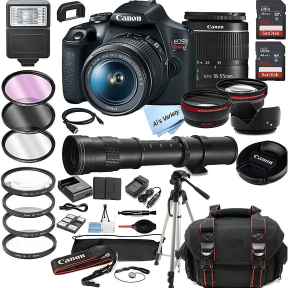 Canon EOS Rebel T7 DSLR Camera w/EF-S 18-55mm F/3.5-5.6 Zoom Lens + 420-800MM Zoom Telephoto Lens + 128GB Memory + Case + Tripod + Filters 38pc Bundle
