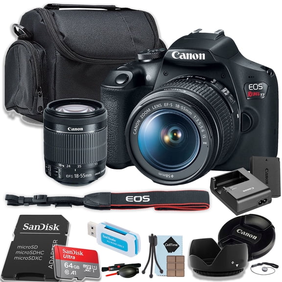 Canon EOS Rebel T7 DSLR Camera w/EF-S 18-55mm IS II Lens + 2x 64GB SanDisk Ultra Memory Card + Camera Case + More (15pc Bundle) (International Version)