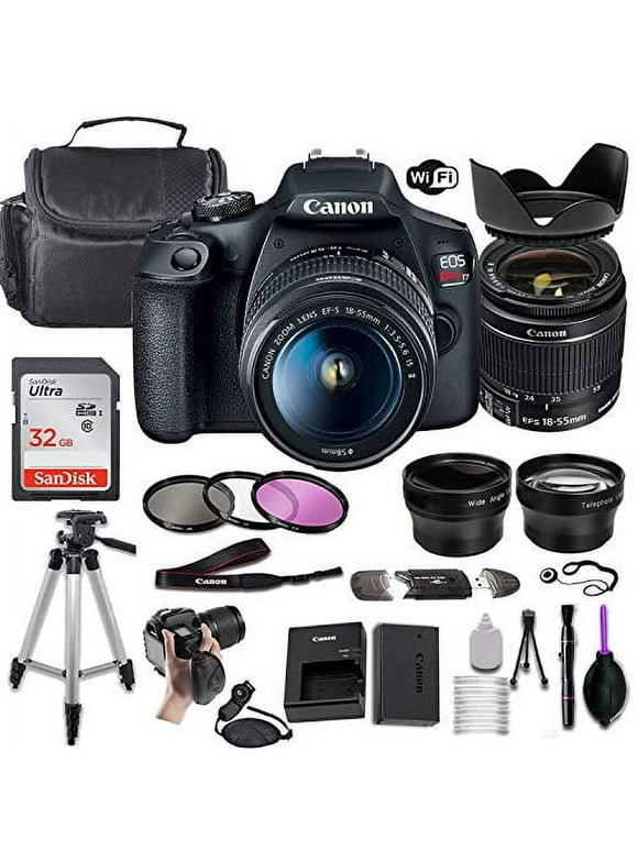 Canon EOS Rebel T7 DSLR Camera w/EF-S 18-55mm f/3.5-5.6 is II Lens + Wide-Angle and Telephoto Lenses + Portable Tripod + Memory Card + Deluxe Accessory Bundle