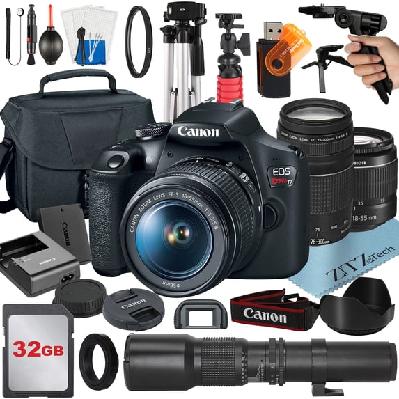 Canon EOS Rebel T7 DSLR Camera with 18-55mm + 500mm Preset Lens + SanDisk 32GB + Case + ZeeTech Bundle (International Version)