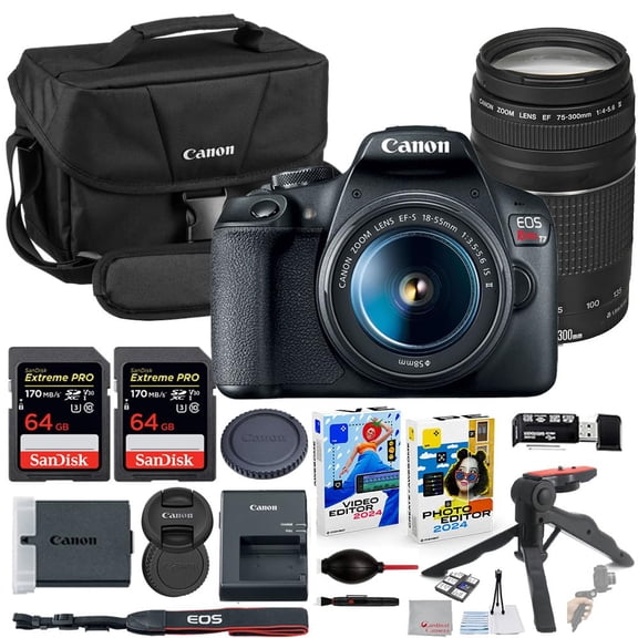 Canon EOS Rebel T7 DSLR Camera with 18-55mm & 75-300mm Lens Bundle with Canon 200ES EOS Shoulder Bag + 2X 64GB Extreme Memory Cards + Accessory Kit
