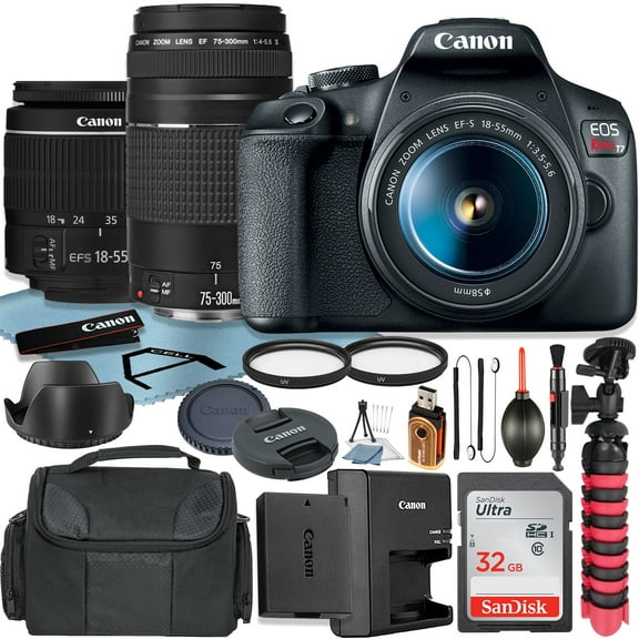 Canon EOS Rebel T7 DSLR Camera with 18-55mm + 75-300mm Lens + SanDisk 32GB Memory Card + Case + Tripod + UV Filter + A-CELL Accessory Bundle (International Version)