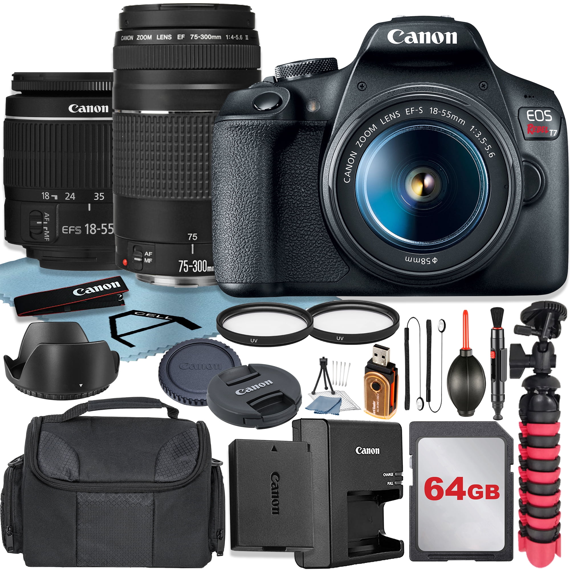 Canon EOS Rebel T7 DSLR Camera with 18-55mm + 75-300mm Lens + 64GB Memory Card + Case + Tripod + UV Filter + A-CELL Accessory Bundle (International Version)