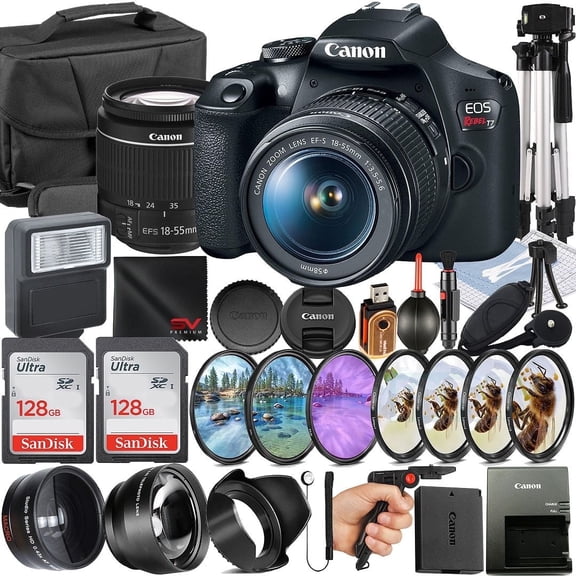 Canon EOS Rebel T7 DSLR Camera with 18-55mm Lens + 2 Pack SanDisk 128GB Memory Card + Case + Tripod + Telephoto + SV Premium Accessory Bundle