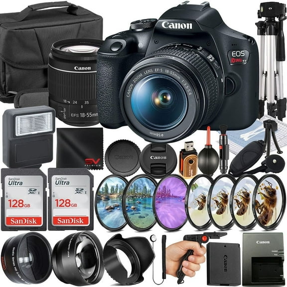 Canon EOS Rebel T7 DSLR Camera with 18-55mm Lens + 2 Pack SanDisk 128GB Memory Card + Case + Tripod + Telephoto + SV Premium Accessory Bundle