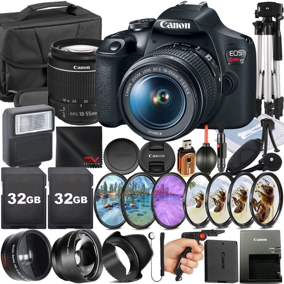 Canon EOS Rebel T7 DSLR Camera with 18-55mm Lens + 2 Pack 32GB Memory Card + Case + Tripod + Telephoto + SV Premium Accessory Bundle (International Version)