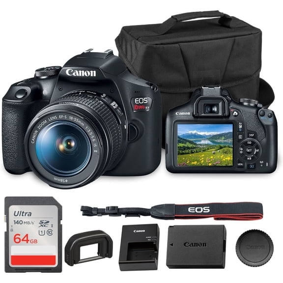 Canon EOS Rebel T7 DSLR Camera with 18-55mm Lens | 24.1MP, APS-C, DIGIC 4+, Wi-Fi & NFC | Bundle with 64GB Memory Card, Shoulder Bag