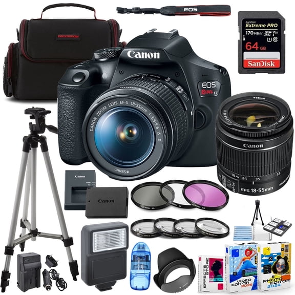 Canon EOS Rebel T7 DSLR Camera with 18-55mm Lens Bundle + 64GB Extreme Pro Memory, Case, Filter, Macros, Flash, Tripod and More(International Version)