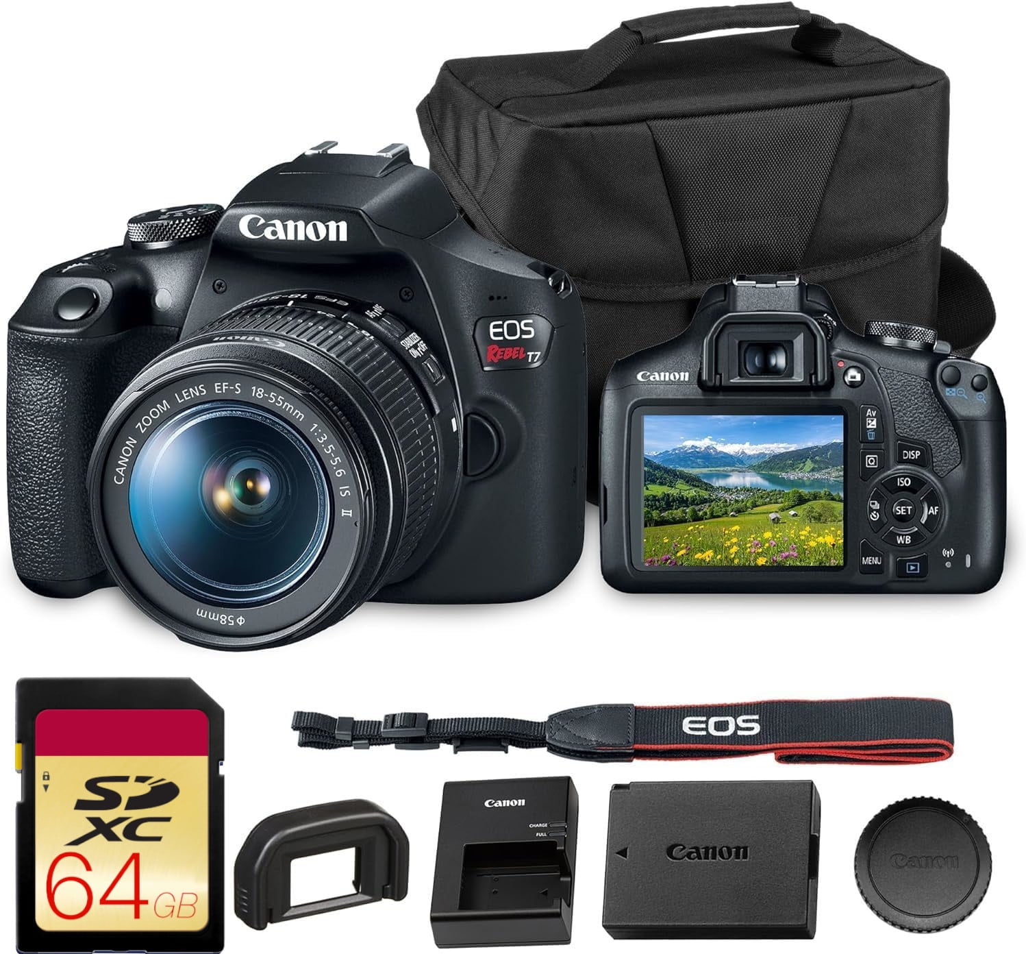 Canon EOS Rebel T7 DSLR Camera with 18-55mm Lens Includes EOS Bag + 64GB Memory Card