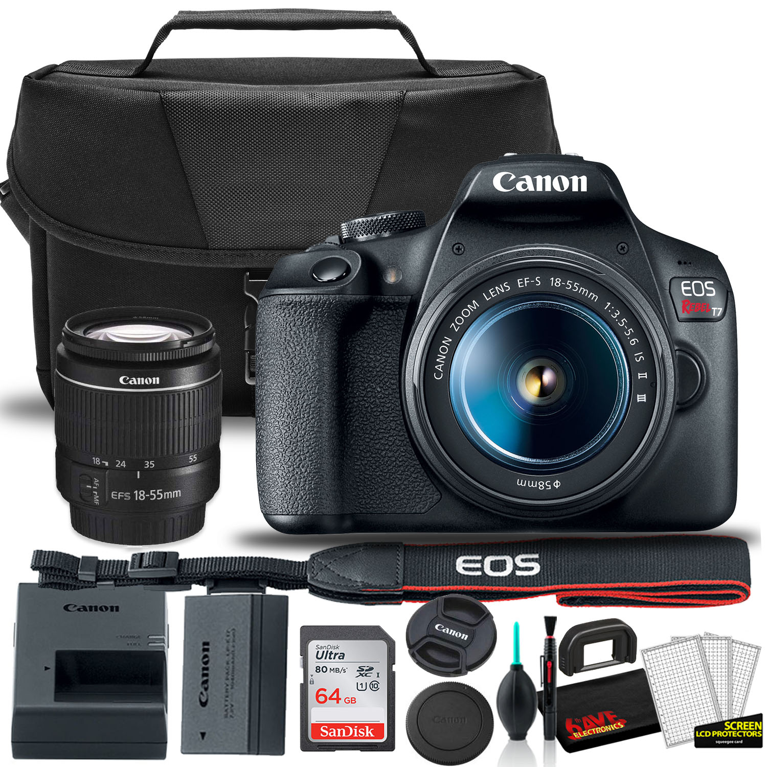 Canon EOS Rebel T7 DSLR Camera with 18-55mm Lens, Wi-Fi and Accessories: Bag, 64GB Card and More (New) - image 1 of 6
