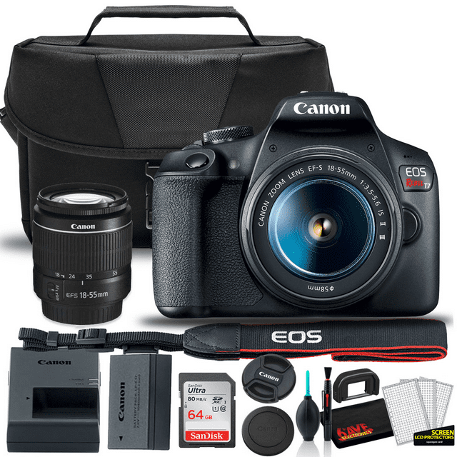Canon EOS Rebel T7 DSLR Camera with 18-55mm Lens, Wi-Fi and Accessories: Bag, 64GB Card and More (New)