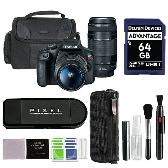 Canon EOS Rebel T7 DSLR Camera with 18-55mm and 75-300mm Lenses + 64GB SD Card + Card Reader + Cleaning Kit | Canon Rebel T7