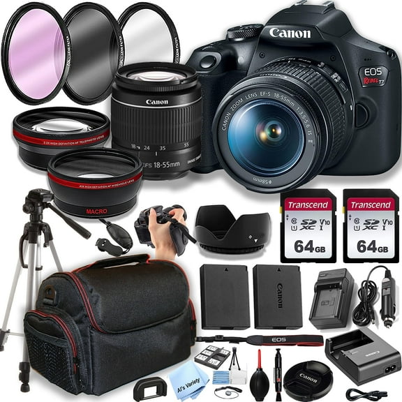 Canon EOS Rebel T7 DSLR Camera with EF-S 18-55mm Lens, 128GB Memory, Case, Tripod, Spare Battery - Black, New (International Version)