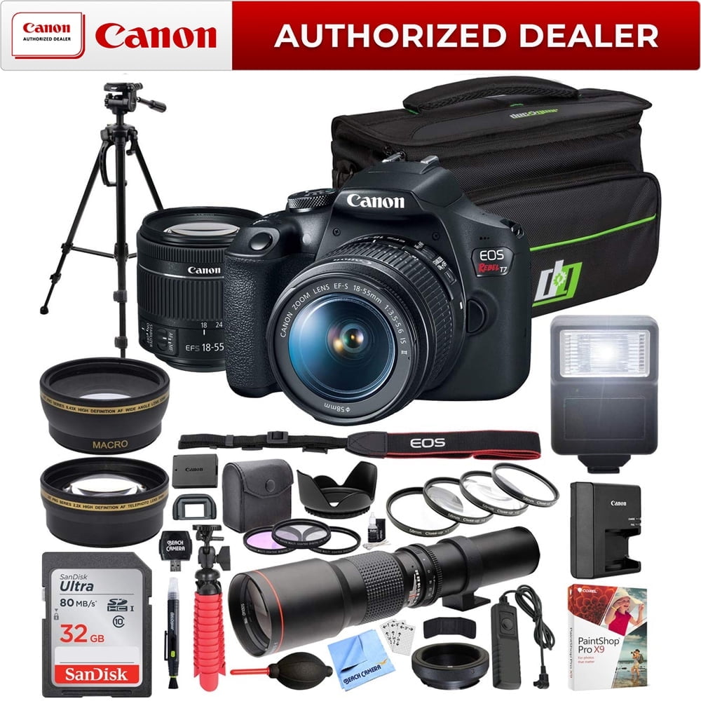 Canon EOS Rebel T7 Digital SLR Camera 18-55mm f/3.5-5.6 IS II Kit Bundle with 500mm Preset Telephoto Lens, 32GB Memory Card, Camera Bag and Accessories (13 Items)