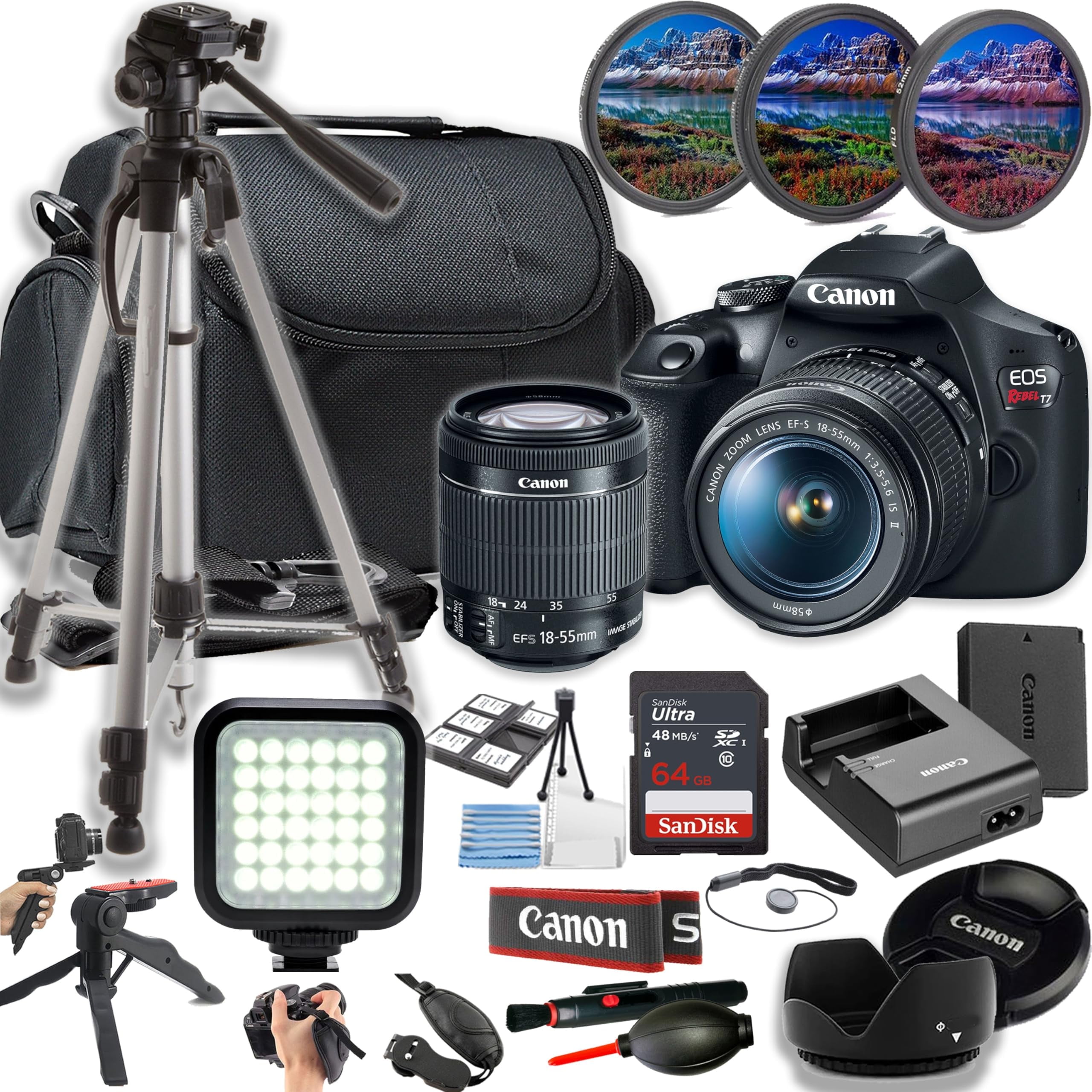 Canon EOS Rebel T7 / EOS 2000D 24MP DSLR Camera w/EF-S 18-55mm f/3.5-5.6 is II Lens + LED Light + 64GB Memory + Filters + Case + Tripod + Grips + Hood, and More (24pc Bundle)