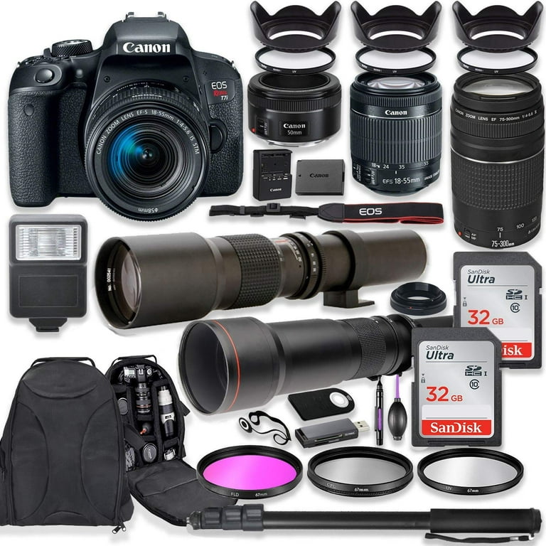 Canon EOS Rebel 2000D DSLR Camera with 18-55mm is II Lens Bundle + Canon EF  75-300mm f/4-5.6 III Lens and 500mm Preset Lens + 64GB Memory + Padded
