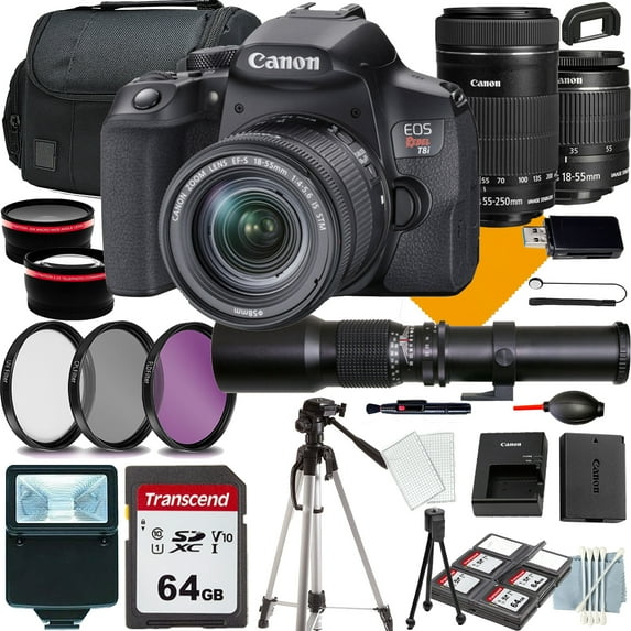 Canon EOS Rebel T8i Camera with 18-55mm+Canon EF-S 55-250mm f/4-5.6 IS STM Lens+500mm f/8.0 Telephoto Lens for T-mount+COMMANDER Starter Kit+Lens Filters+CASE+64Memory Cards (18PC)