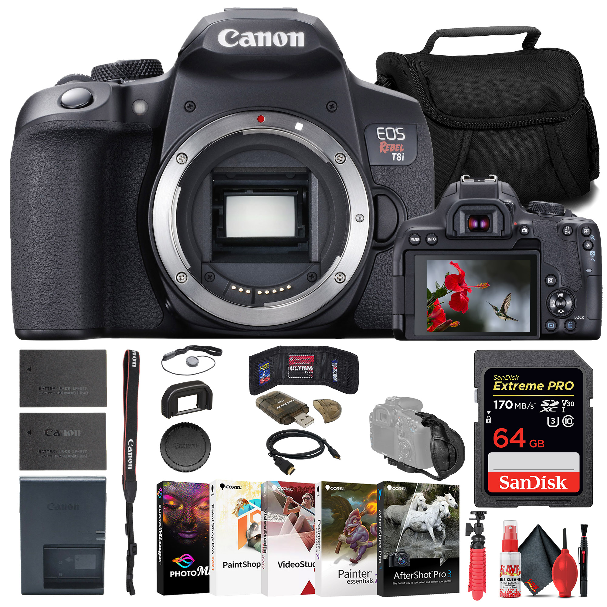 Canon EOS Rebel T8i DSLR Camera (Body Only) (3924C001) + 64GB Memory Card + Charger + LPE17 Battery + Card Reader + Corel Photo Software + Case + Flex Tripod + HDMI Cable + Hand Strap + More - image 1 of 8