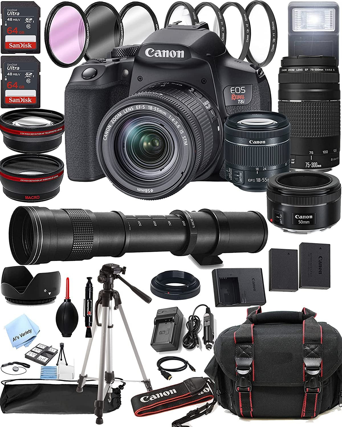 Canon EOS 250D DSLR Camera with 18-55mm f/3.5-5.6 Zoom Lens + 32GB Card,  Tripod, Case, and More (18pc Bundle) DSLR
