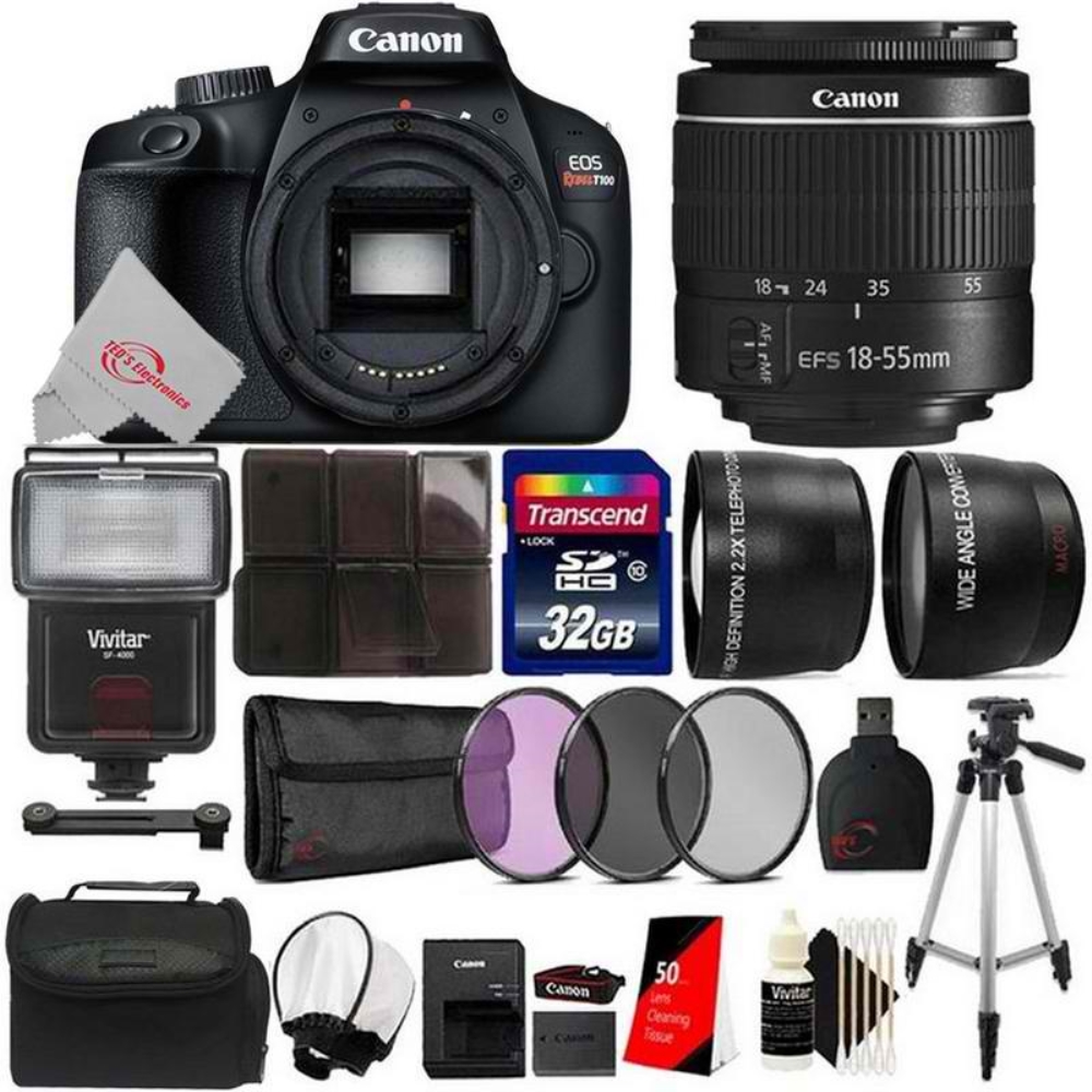 Canon EOS T100 18MP Digital SLR Camera with 18-55mm Lens and SF-4000 Accessory Kit - image 1 of 9