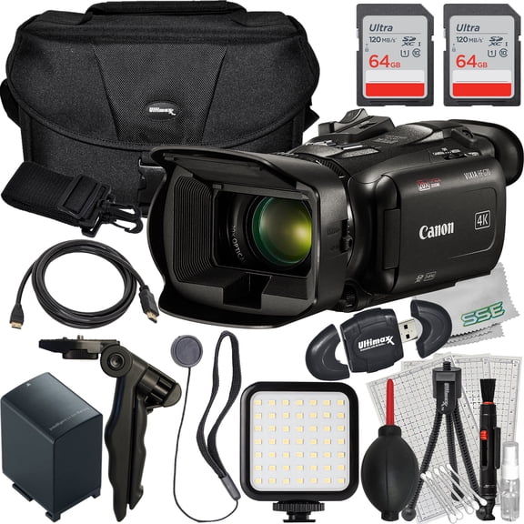 Canon G70 Camcorder International Model Bundle - Includes: 2x 64GB Ultra Memory Cards, Spare Battery, Ultra-Bright LED Light Kit, Tabletop 6.5” Tripod & More (21pc Bundle)