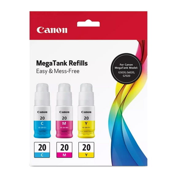 Canon GI-20 Genuine CMY Ink Bottle Value Pack, Compatible with G5020, G6020, and G7020 Printers