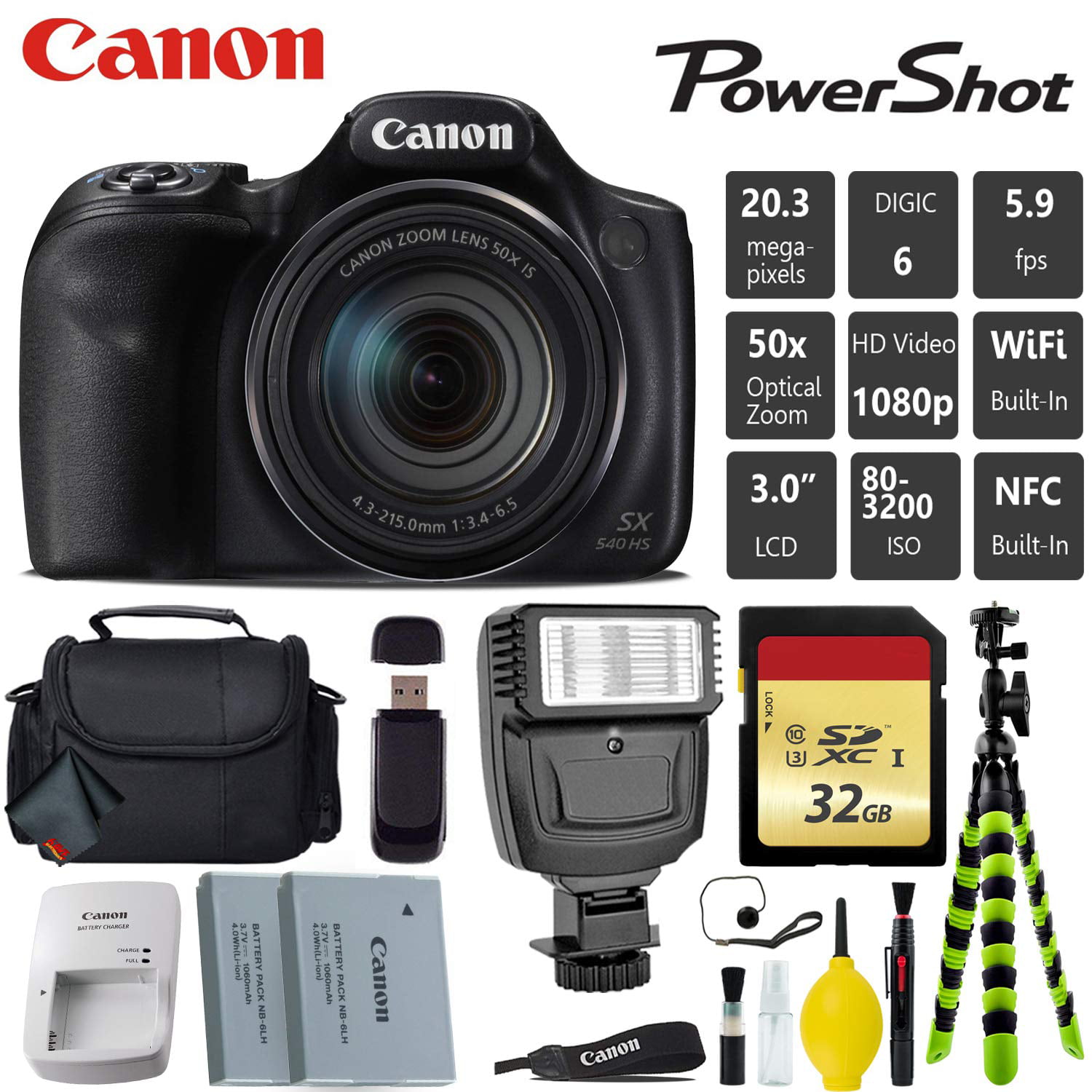 Canon HS Digital Point and Shoot 20MP Camera + Extra Battery + Digital Flash + Camera Case + 32GB Class 10 Memory Card - Intl Model - image 1 of 6