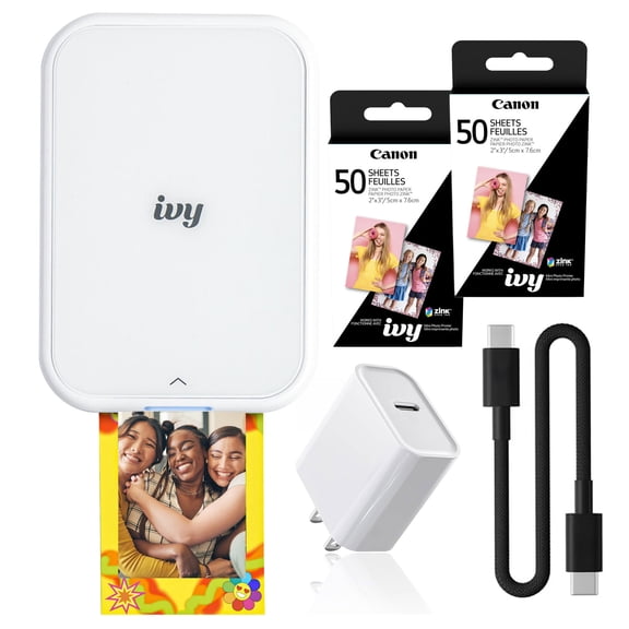 Canon IVY 2 Mini Photo Printer White, Bluetooth Portable, 2x ZINK Paper 50 Sheets (International Model)