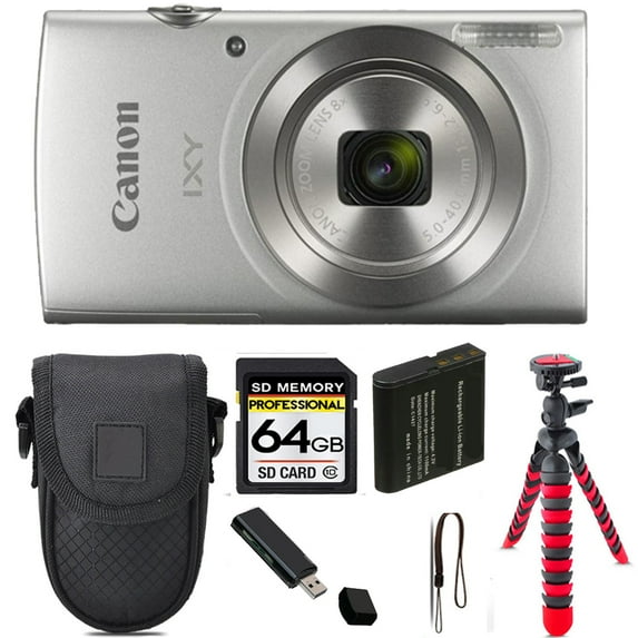 Canon IXY 200 /Elph 180 Digital Camera (Silver) + Tripod + Case - 64GB Kit (International Version)