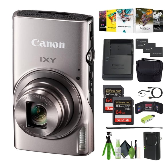 Canon IXY 650 Digital Camera 12x Zoom Silver Bundle Dual 64GB Kit (International Model)