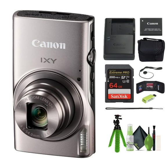 Canon IXY 650 Compact Digital Camera 12x Optical Zoom IXY650 (Silver) Bundle with 64GB Memory Card + Camara Bag + Card Reader + Vlogging Tripod + Cleaning Kit and More