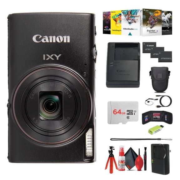 Canon IXY 650 HS M Compact Digital Camera 12x Optical Zoom (Black) Bundle with 2x 64GB Memory Card + Extra Charger + Card Reader + Photo Software + Vlogging Tripod + Cleaning Kit and More