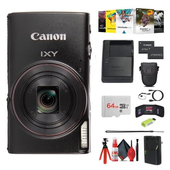 Canon IXY 650 HS M Compact Digital Camera 12x Optical Zoom (Black) Bundle with 64GB Memory Card + Extra Charger + Card Reader + Photo Software + Vlogging Tripod + Cleaning Kit and More