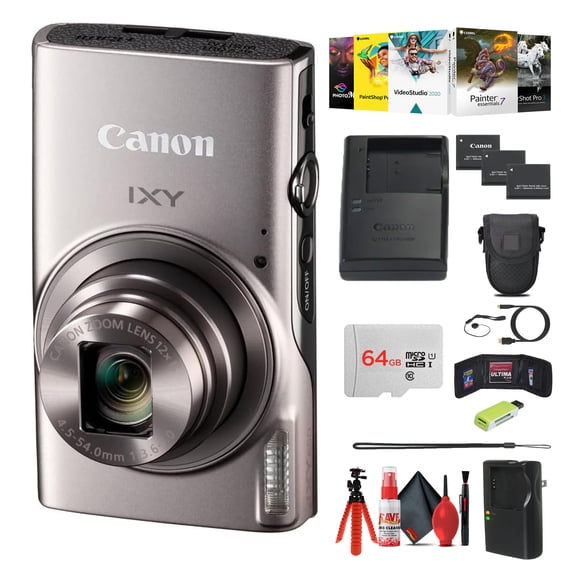 Canon IXY 650 HS Compact Camera 12x Zoom Silver Bundle with 2x 64GB Cards, Charger, Card Reader, Tripod, Cleaning Kit (International Model)