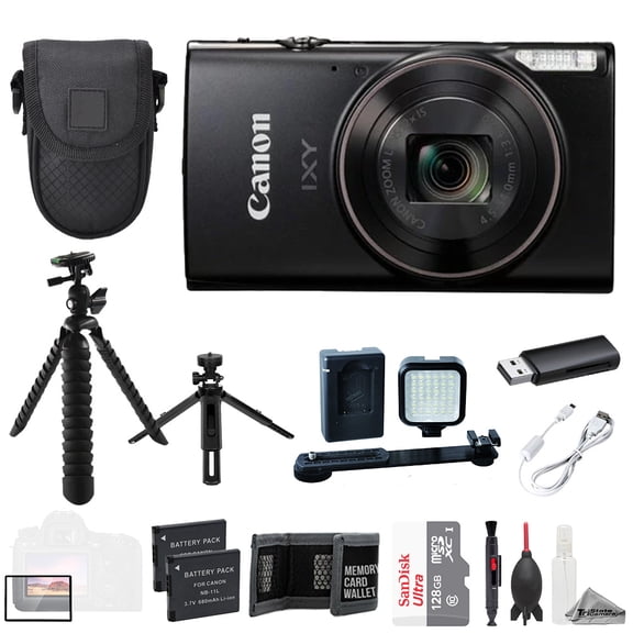 Canon IXY 650 m (PowerShot Elph 360 HS A) Camera - Black + 128GB + Ext Batt+ LED - ULTIMATE Kit (International Version)