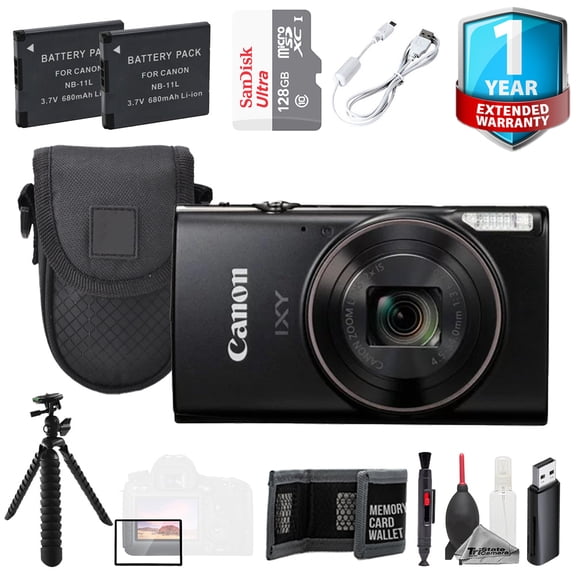 Canon IXY 650 m (PowerShot Elph 360 HS A) Camera - Black + 128GB + Tripod +1Yr Warranty - Value Kit (International Version)