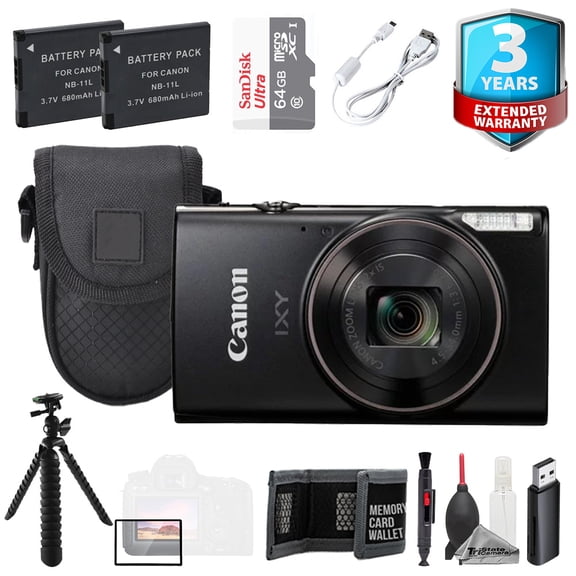 Canon IXY 650 m (PowerShot Elph 360 HS A) Camera - Black + 64GB + Tripod + 3 YR Warranty - Value Kit (International Version)